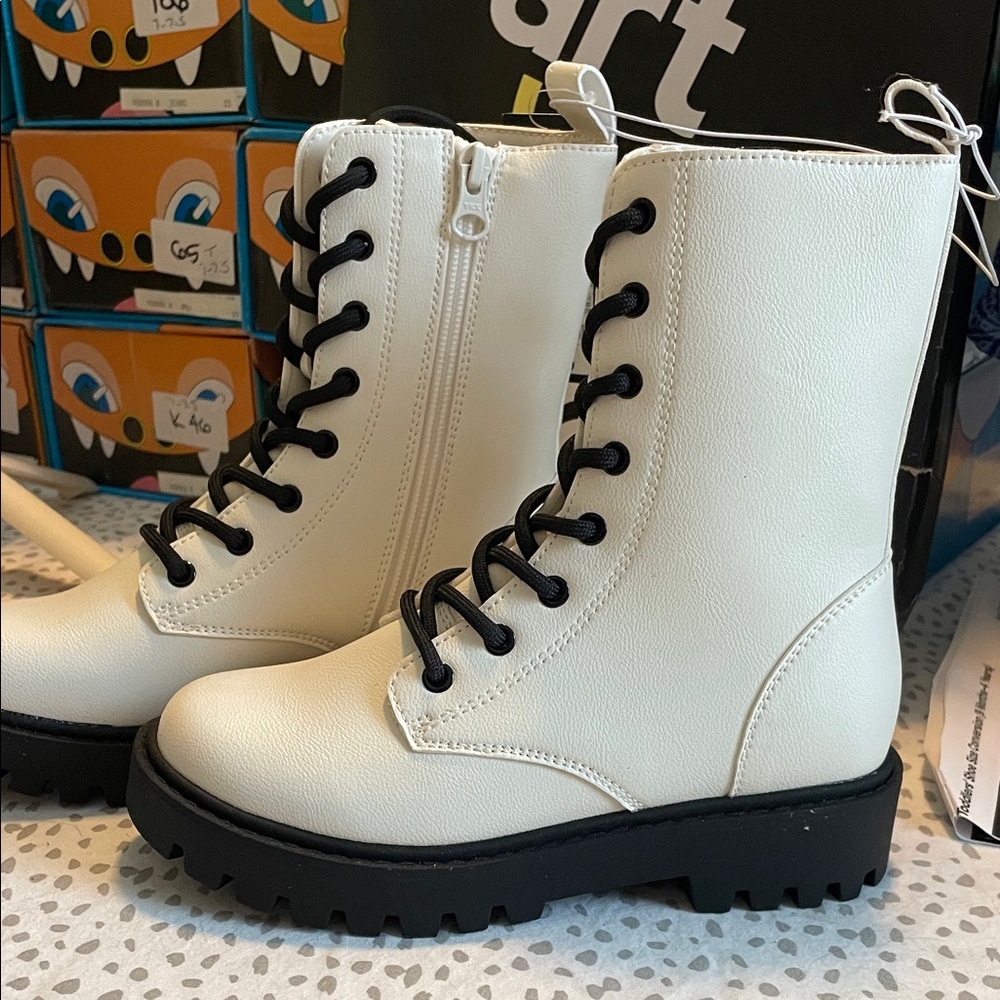 White Combat Boots with Black Laces